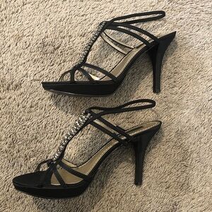 Size 8 Nine West Black and Gold High Heel Rhinestone Strappy Sandals Prom Formal